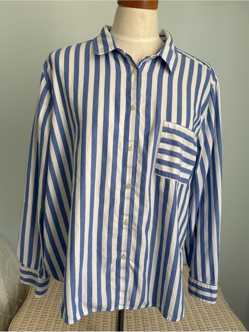 LOFT Blue & White Striped Shirt with Button Front